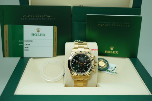 BRAND NEW Rolex 116508 DAYTONA 18K YELLOW GOLD GREEN DIAL STICKERS 2019 FULL SET