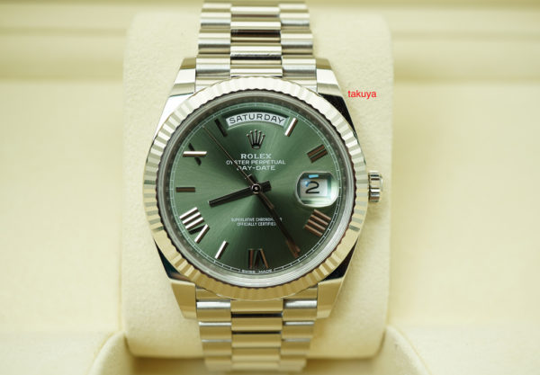 Rolex 228239 DAY DATE 40MM 18K WHITE GOLD GREEN ROMAN DIAL WARRANTY FULL SET