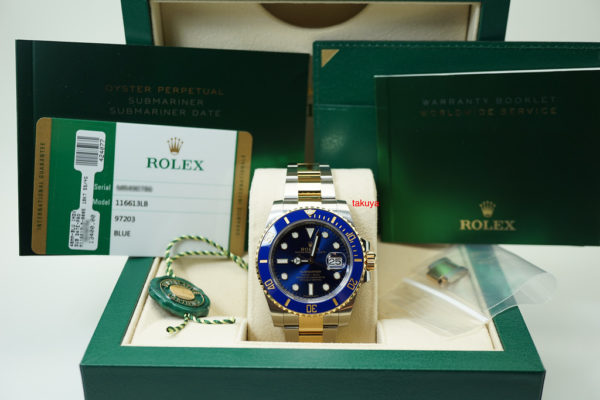 Rolex 116613LB SUBMARINER 18K YG/SS CERAMIC SUNBURST BLUE DIAL WARRANTY FULL SET