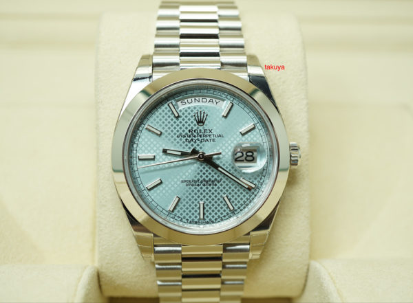 Rolex 228206 DAY DATE PLATINUM ICE BLUE DIAGONAL MOTIF DIAL 40MM FULL SET