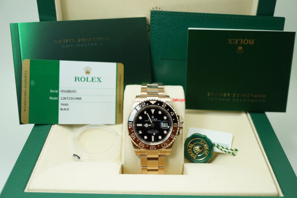 BRAND NEW Rolex 126715CHNR GMT MASTER II 18K ROSE GOLD ROOTBEER CERAMIC COMPLETE SET