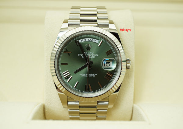 Rolex 228239 DAY DATE 40MM 18K WHITE GOLD GREEN ROMAN DIAL WARRANTY FULL SET