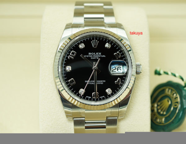 BRAND NEW Rolex 115234 DATE 34 BLACK DIAMONDS DIAL OYSTER FLUTED BEZEL 2019 FULL SET