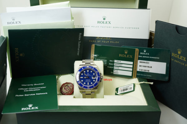 Rolex 116619LB 18K WHITE GOLD SUBMARINER BLUE SMURF M SERIAL SERVICED WARRANTY FULL SET