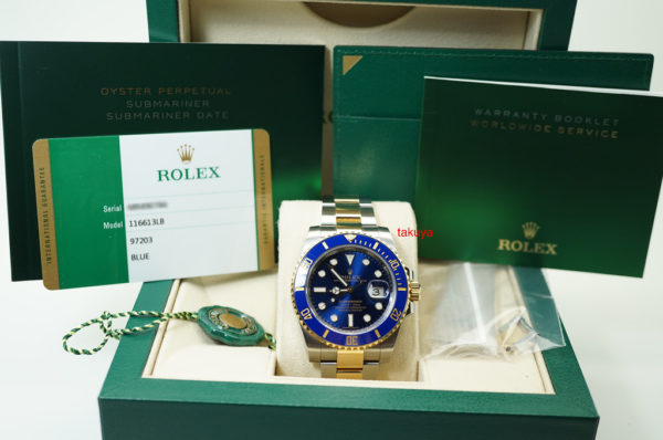 Rolex 116613LB SUBMARINER 18K YG/SS CERAMIC SUNBURST BLUE DIAL 2018 WARRANTY FULL SET