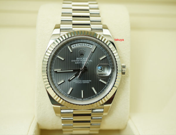 Rolex 228239 DAY DATE 40 18K WG DARK RHODIUM STRIPE MOTIF DIAL WARRANTY FULL SET