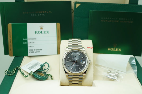 Rolex 228239 DAY DATE 40 18K WG DARK RHODIUM STRIPE MOTIF DIAL WARRANTY FULL SET