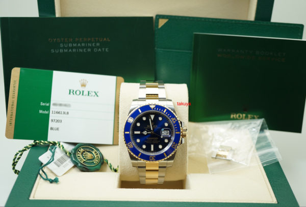 Rolex 116613LB SUBMARINER CERAMIC 18K YG STEEL SUNBURST BLUE DIAL 2018 WARRANTY FULL SET