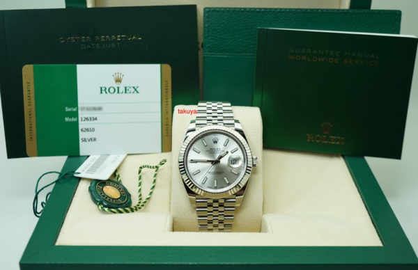 Rolex 126334 DATEJUST 41 FLUTED BEZEL SILVER STICK DIAL JUBILEE 2019 WARRANTY FULL SET