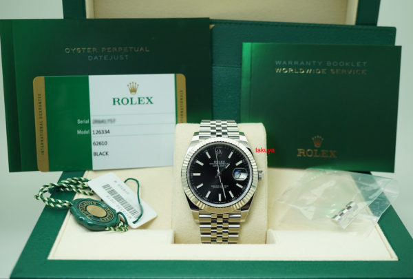 Rolex 126334 DATEJUST 41 FLUTED BEZEL BLACK STICK DIAL JUBILEE 2019 WARRANTY FULL SET