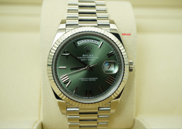 Rolex 228239 DAY DATE 18K WHITE GOLD GREEN ROMAN DIAL 40MM WARRANTY FULL SET