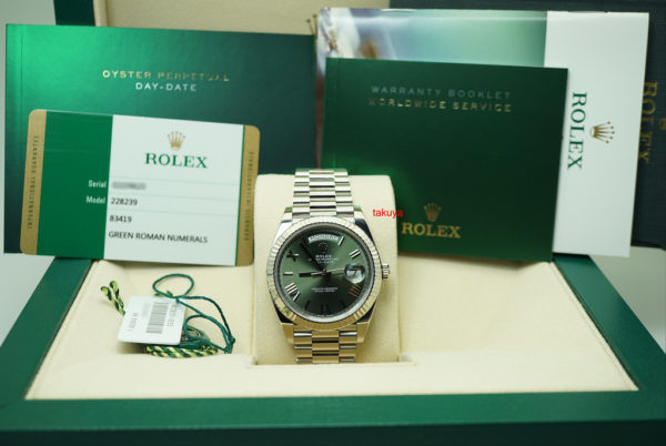 Rolex 228239 DAY DATE 18K WHITE GOLD GREEN ROMAN DIAL 40MM WARRANTY FULL SET