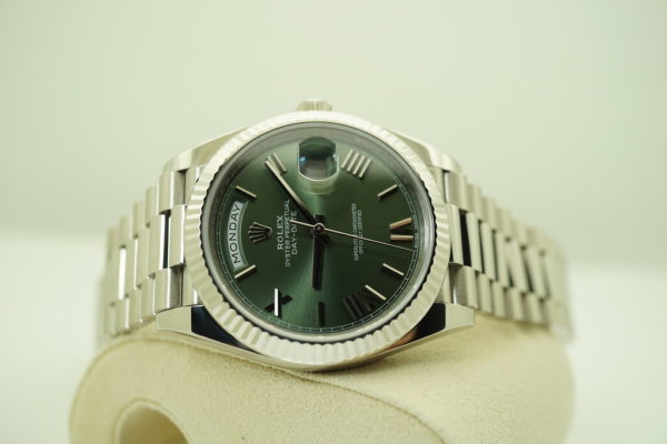 Rolex 228239 DAY DATE 18K WHITE GOLD GREEN ROMAN DIAL 40MM WARRANTY FULL SET