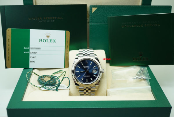 MINT Rolex 126334 DATEJUST 41 FLUTED BEZEL BLUE STICK DIAL JUBILEE 2019 WARRANTY FULL SET