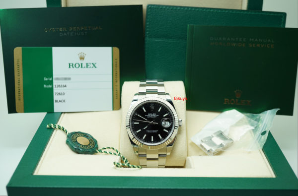 Rolex 126334 DATEJUST 41 FLUTED BEZEL BLACK STICK DIAL OYSTER 2019 WARRANTY FULL SET