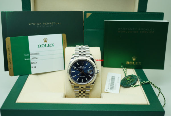 Rolex 126334 DATEJUST 41 FLUTED BEZEL BLUE STICK DIAL JUBILEE 2019 WARRANTY FULL SET