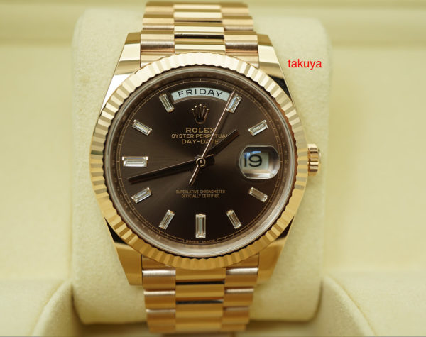 Rolex 228235 DAY DATE 40 18K ROSE GOLD CHOCOLATE BAGUETTE DIAMOND DIAL FULL SET