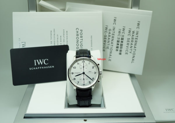 BRAND NEW Iwc PORTUGUESE CHRONOGRAPH IW371446 SILVER DIAL BLUE HANDS COMPLETE SET
