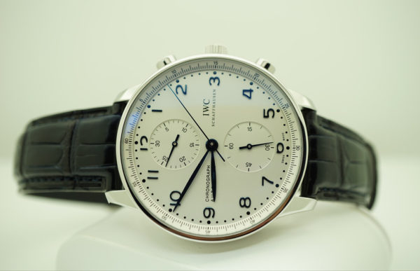 BRAND NEW Iwc PORTUGUESE CHRONOGRAPH IW371446 SILVER DIAL BLUE HANDS COMPLETE SET