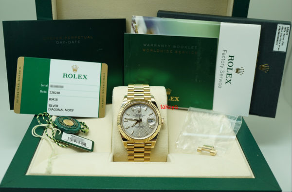 Rolex 228238 DAY DATE 40MM 18K YELLOW GOLD SILVER MOTIF DIAL WARRANTY FULL SET