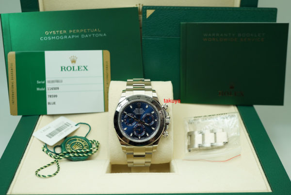 Rolex 116509 DAYTONA 18K WHITE GOLD BLUE DIAL 2019 WARRANTY COMPLETE SET