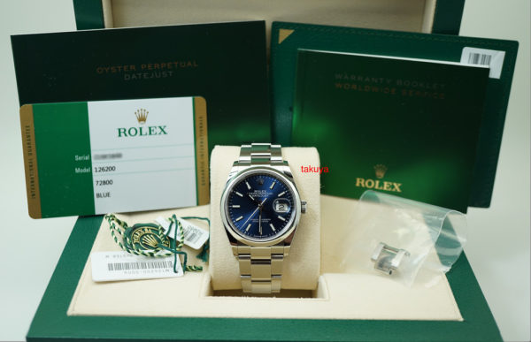 Rolex 126200 DATEJUST 36 BLUE STICK DIAL OYSTER BAND 2019 WARRANTY FULL SET