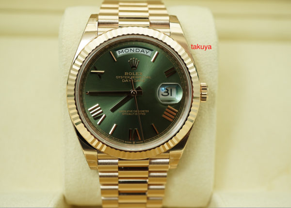 MINT Rolex 228235 ROSE GOLD DAY DATE 40 OLIVE GREEN DIAL 2018 WARRANTY FULL SET