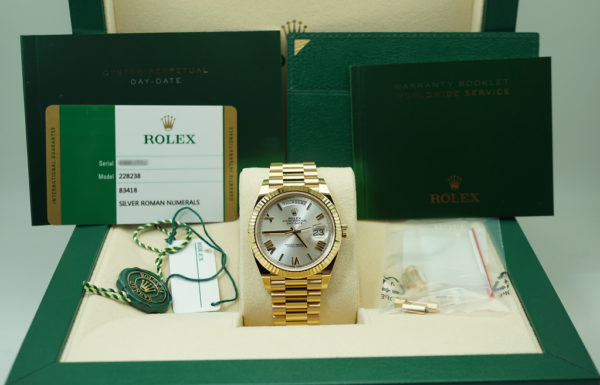Rolex 228238 DAY DATE 40MM YELLOW GOLD ROMAN SILVER DIAL 2018 WARRANTY FULL SET - Image 2