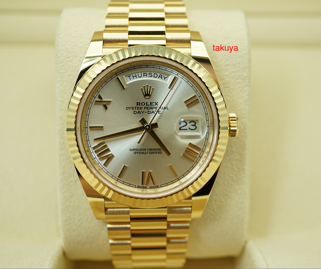 Rolex 228238 DAY DATE 40MM YELLOW GOLD ROMAN SILVER DIAL 2018 WARRANTY FULL SET Takuya Watches