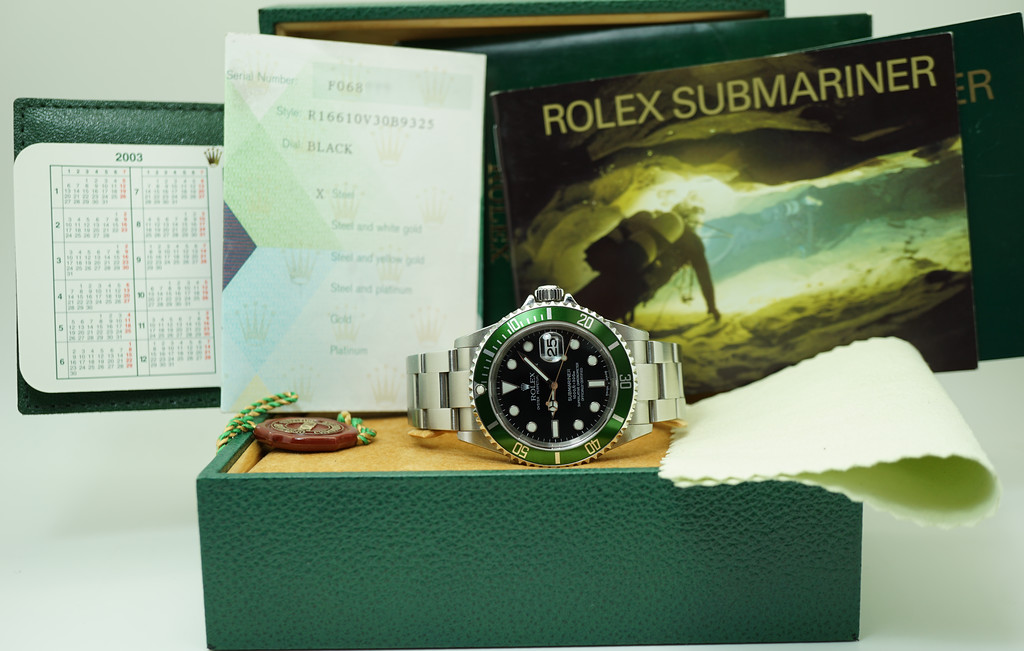 Rolex Anniversary Submariner 16610LV Kermit Flat Four - w/Papers –  Collectors Corner NY