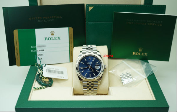 Rolex 126334 DATEJUST 41 FLUTED BEZEL BLUE STICK DIAL JUBILEE BAND 2019 FULL SET