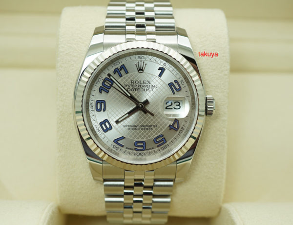 Rolex 116234 DATEJUST 36MM WHITE GOLD FLUTED BEZEL DECO DIAGONAL MOTIF ARABIC DIAL JUBILEE 2017 FULL SET