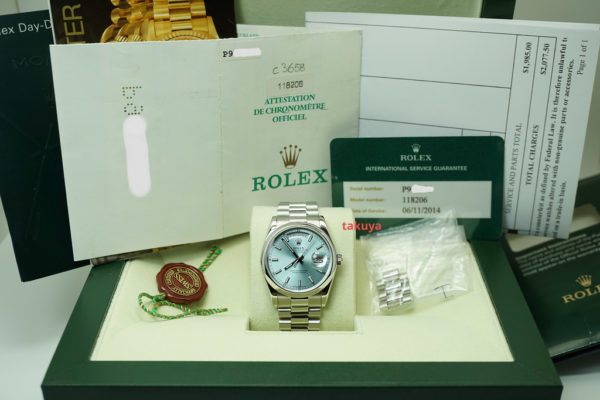 Rolex 118206 PLATINUM DAY DATE PRESIDENT ICE BLUE STICK DIAL 36MM FULL SET - Image 2