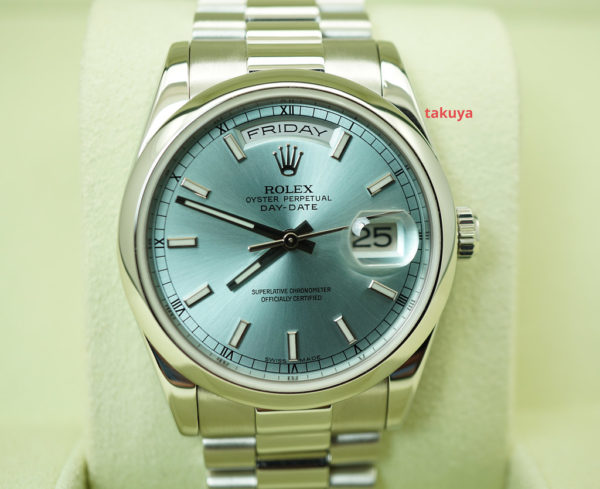 Rolex 118206 PLATINUM DAY DATE PRESIDENT ICE BLUE STICK DIAL 36MM FULL SET