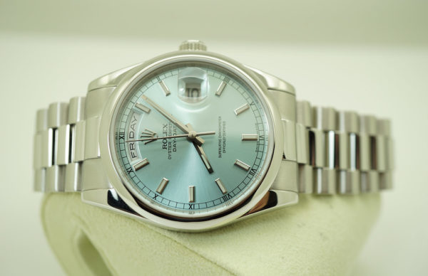 Rolex 118206 PLATINUM DAY DATE PRESIDENT ICE BLUE STICK DIAL 36MM FULL SET - Image 12