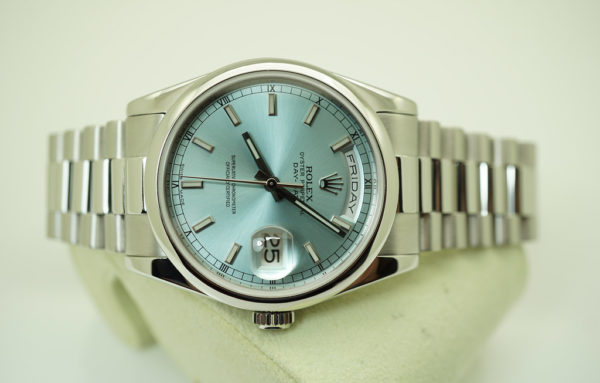 Rolex 118206 PLATINUM DAY DATE PRESIDENT ICE BLUE STICK DIAL 36MM FULL SET - Image 11
