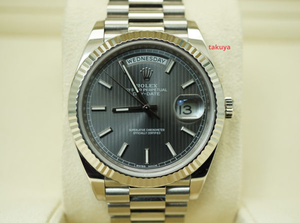 Rolex 228239 DAY DATE 18K WHITE GOLD DARK RHODIUM STRIPE DIAL 40MM FULL SET