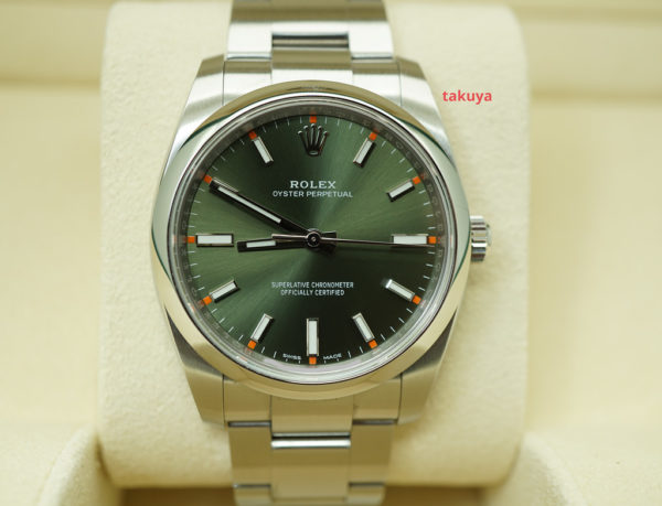 Rolex 114200 OYSTER PERPETUAL 34MM OLIVE GREEN DIAL 2019 WARRANTY COMPLETE SET