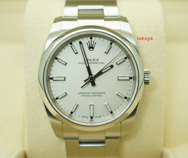 Rolex 114200 OYSTER PERPETUAL 34MM WHITE STICKS DIAL 2018 WARRANTY COMPLETE SET