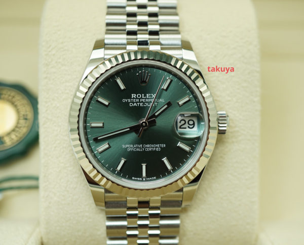 BRAND NEW Rolex 278274 DATEJUST 31 MINT GREEN DIAL 18K FLUTED BEZEL JUBILEE BAND 2021 FULL SET