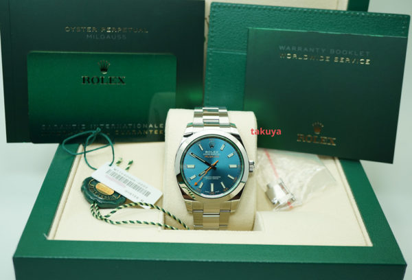 MINT Rolex 116400GV MILGAUSS GREEN CRYSTAL Z BLUE DIAL 2021 WARRANTY FULL SET - Image 2