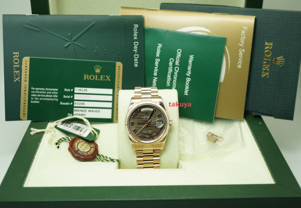 Rolex 118235 DAY-DATE PRESIDENT 18K ROSE GOLD BRONZE WAVES ARABIC DIAL FULL SET - Image 2