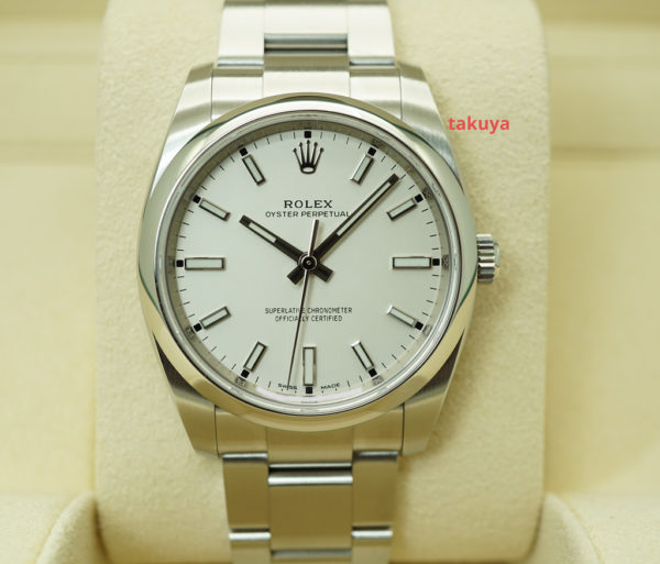 Rolex 114200 OYSTER PERPETUAL 34MM WHITE STICKS DIAL 2018 WARRANTY COMPLETE SET