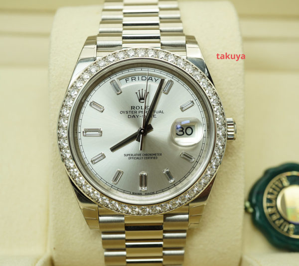 BRAND NEW Rolex 228349RBR DAY DATE 40 18K WHITE GOLD DIAMOND BEZEL BAGUETTE DIAL 2022 FULL SET