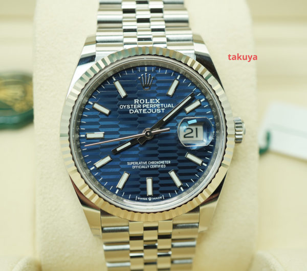 BRAND NEW Rolex 126234 DATEJUST 36 FLUTED BEZEL BLUE MOTIF DIAL JUBILEE BAND 2022 FULL SET