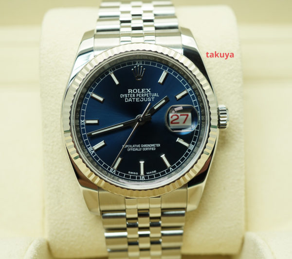 Rolex 116234 DATEJUST BLUE STICK DIAL FLUTED BEZEL JUBILEE BAND FULL SET