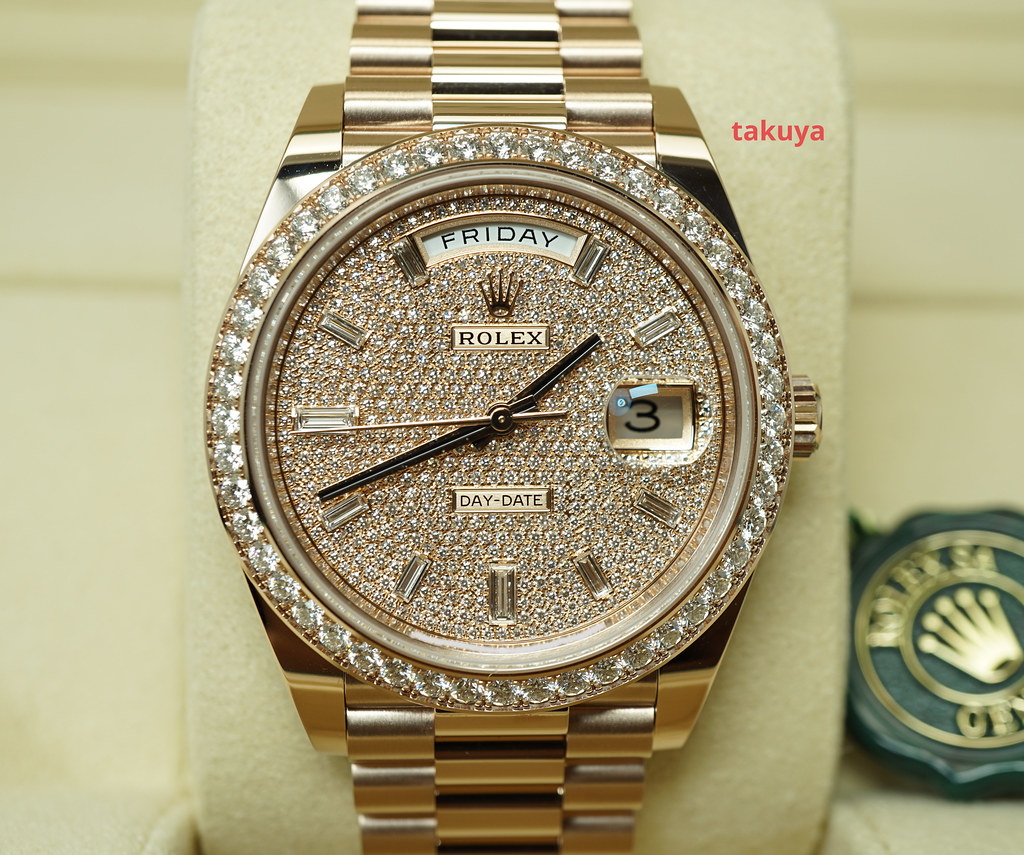 BRAND NEW Rolex 228345RBR DAY DATE 40 ROSE GOLD DIAMOND BEZEL PAVE ...