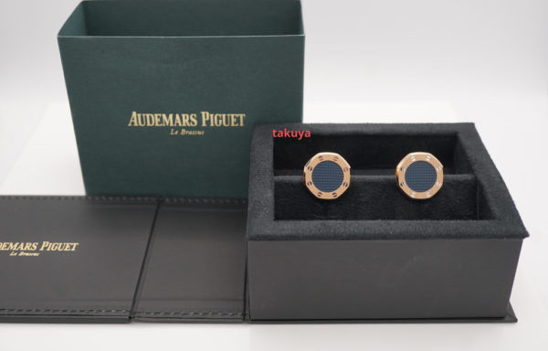 BRAND NEW Audemars PIGUET ROYAL OAK CUFFLINKS 18K PINK GOLD BLUE TAPISSERIE PATTERN - Image 2