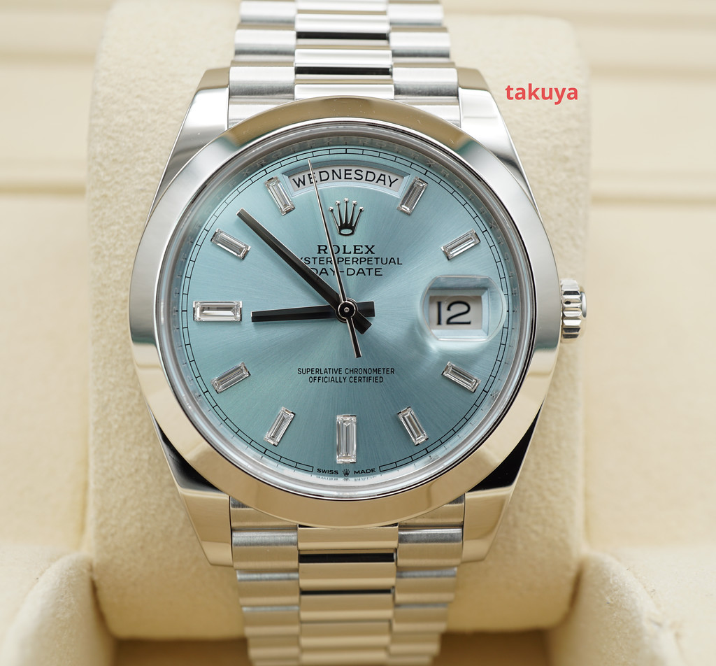 Rolex 228206 DAY DATE PLATINUM ICE BLUE BAGUETTE DIAMONDS DIAL 40MM FULL  SET - Takuya Watches