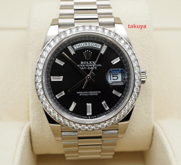 Rolex 228349RBR DAY DATE 40 WHITE GOLD DIAMOND BEZEL BAGUETTE BLACK DIAL 2022 FULL SET
